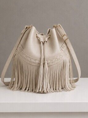 Boho Fringe Bucket Bag Cream Faux Leather Drawstring Crossbody Tassel Shoulder